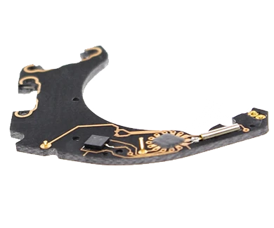 This image showcases the intricate black electronic board (PCBA) of a high-value watch, featuring a micro-assembly with a 0.5 mm diameter pin. The detailed work includes the bonding of a die integrated circuit (IC) and specialized rose gold plating, highlighting the sophisticated technology and craftsmanship involved.