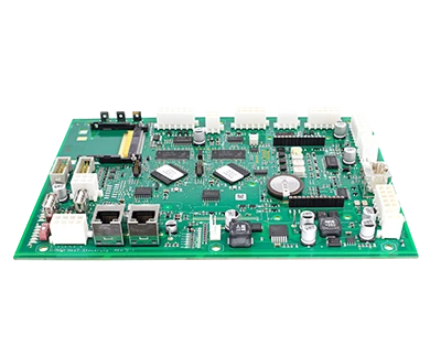 A six-layer PCBA (Printed Circuit Board Assembly) with both SMD (Surface-Mount Device) and THT (Through-Hole Technology) components. Two processors are mounted using BGA (Ball Grid Array) technique. The electronic card is tropicalized to provide protection against moisture and corrosion in humid environments.