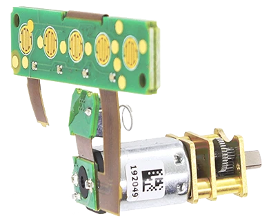 Micro-mechanical integration of a flex-rigid PCBA from SMD assembly featuring a micro motor and gearbox, fully assembled and tested with a QR code for complete traceability. The assembly is manufactured for a medical technology device.